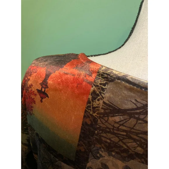 Women's Velvet Long Sleeve Dress L Brown Orange Abstract Print - Picture 7 of 8